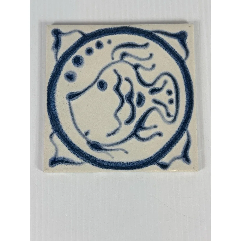 Vintage Mid Century Mod Ceramic Blue Fish Trivet Tile 6
